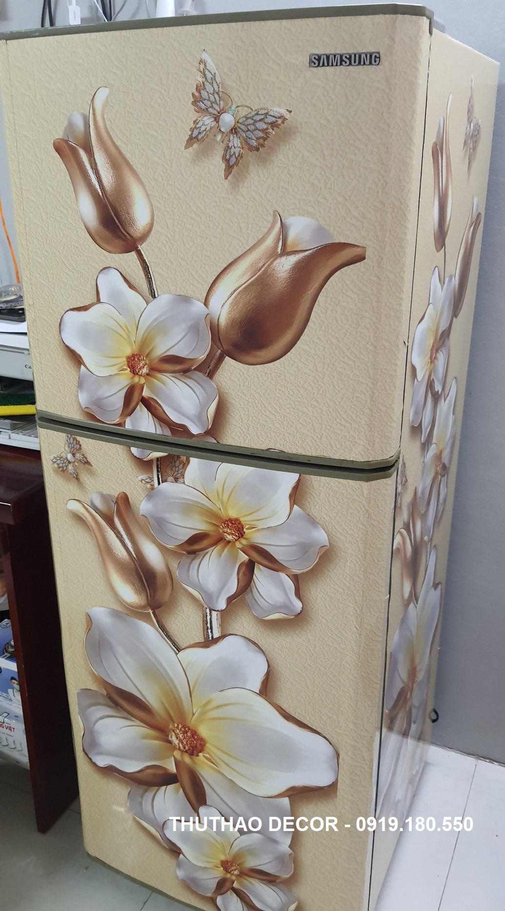 [HCM]Decal Dán Tủ Lạnh HOA VÀNG 3D - THUTHAODECOR