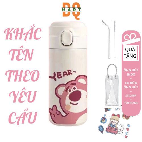 Ly Giữ Nhiệt Gấu Dâu Lotso DQMart Chất Liệu Inox 304 Cao Cấp Không Gỉ 420ml , In Hình Cute Có Ống Hút Với Dung Tích 420ml Thích Hợp Mang Đi Làm, Đi Học, Đi Du Lịch, Bảo Hành 12 Tháng, DQMart