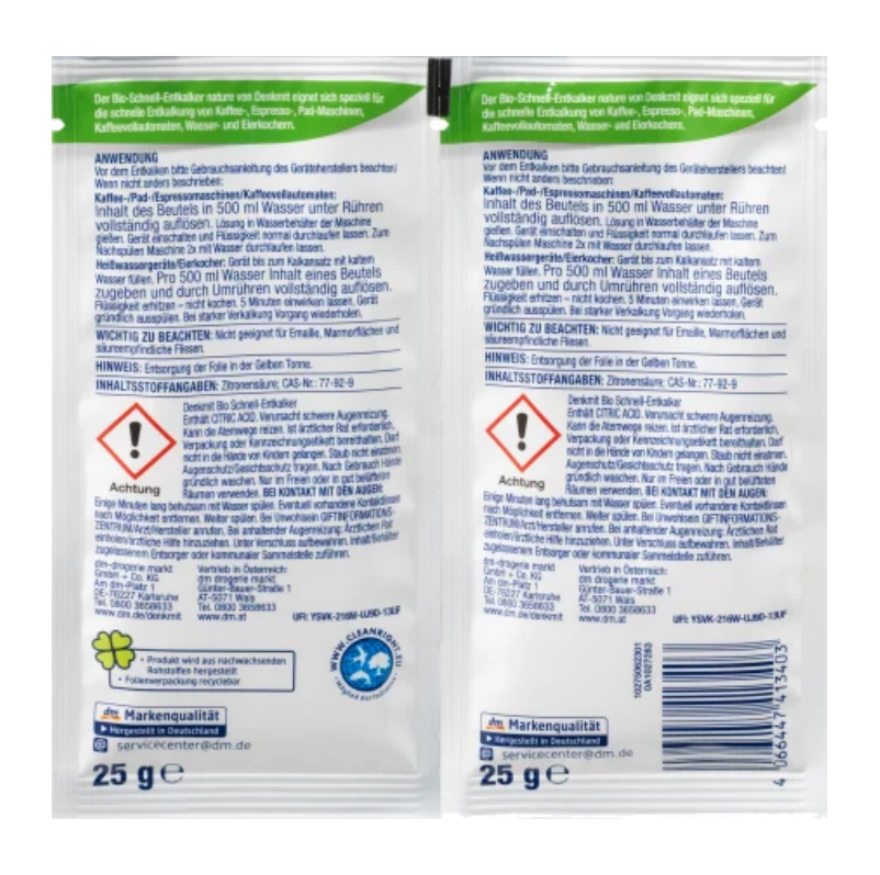 Bột tẩy cặn ấm siêu tốc, máy pha cà phê Denkmit nội địa Đức - Set 2 gói x25g