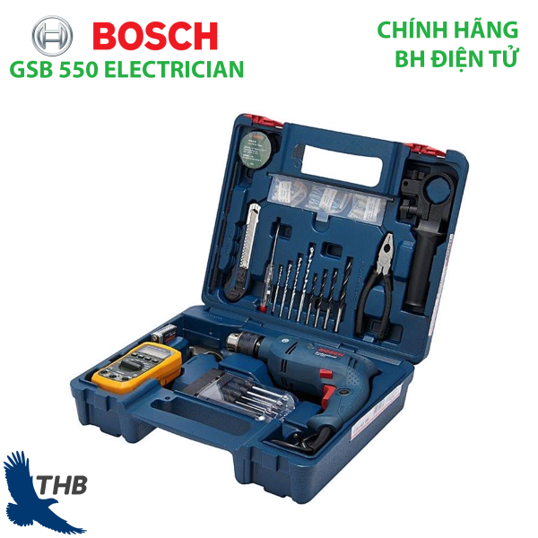Bộ máy khoan đa năng Máy khoan động lực Bosch GSB 550 Electrician Kèm hộp nhựa và phụ kiện 80 món cho thợ điện