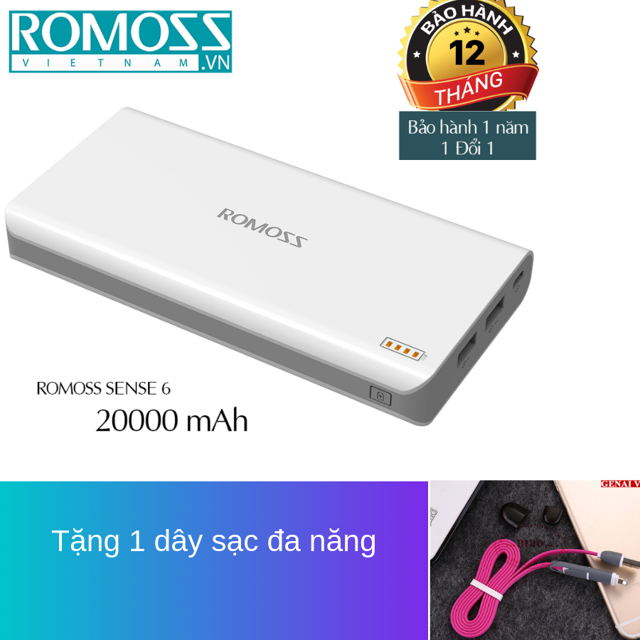 Pin sạc dự phòng 20000mah Romoss Sense 6 New + Tặng 1 dây sạc đa năng, sac du phong