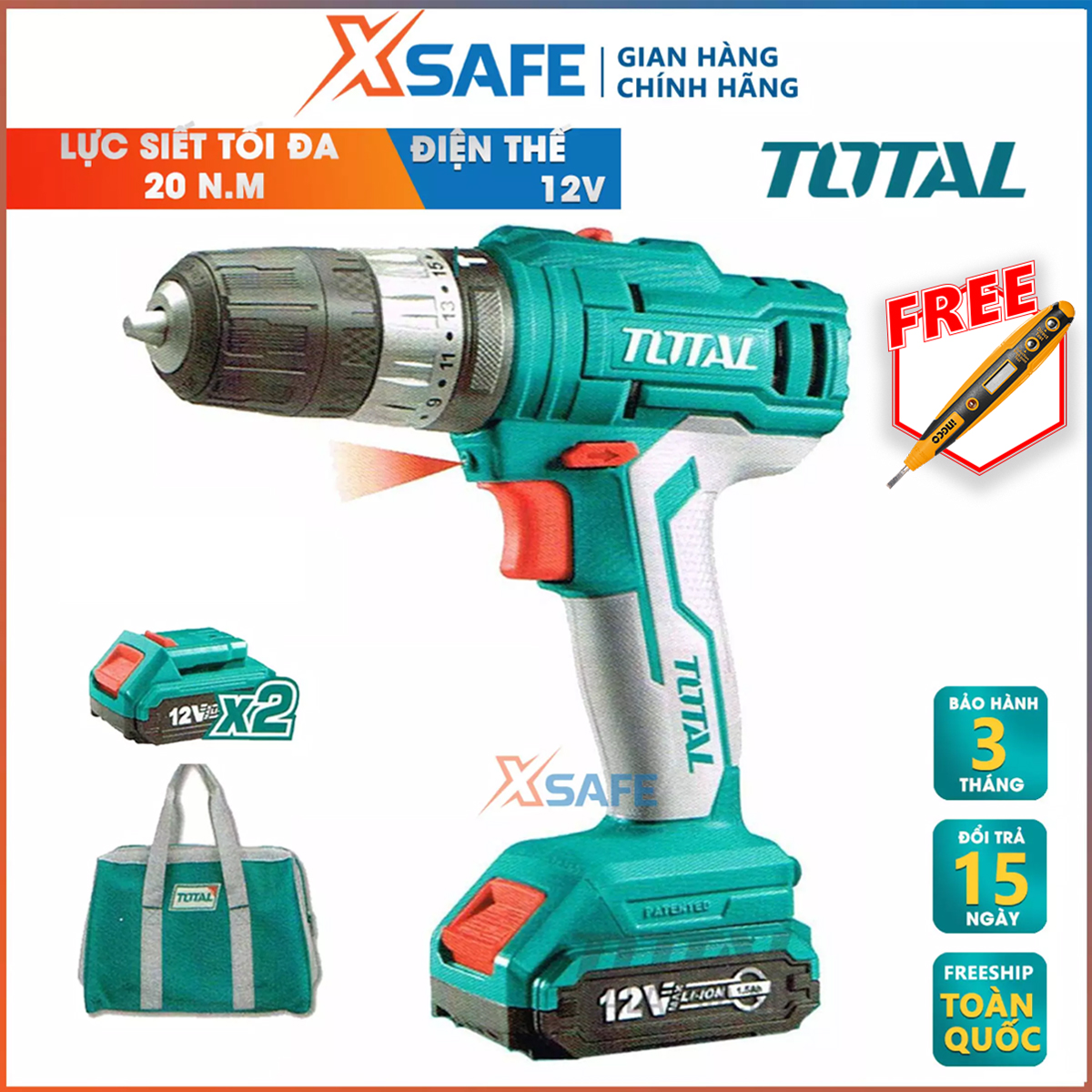 Hammer drill machine battery 12V total TIDLI1222 bundled 2 Battery 1 charger and 2 nose CR-V 65MM. Hammer drill machine portable high-pressure squeeze maximum 25 n. M, no-load speed 0 - 400/1350 rpm/min, genuine warranty 3 month-distribution genuine xsafe