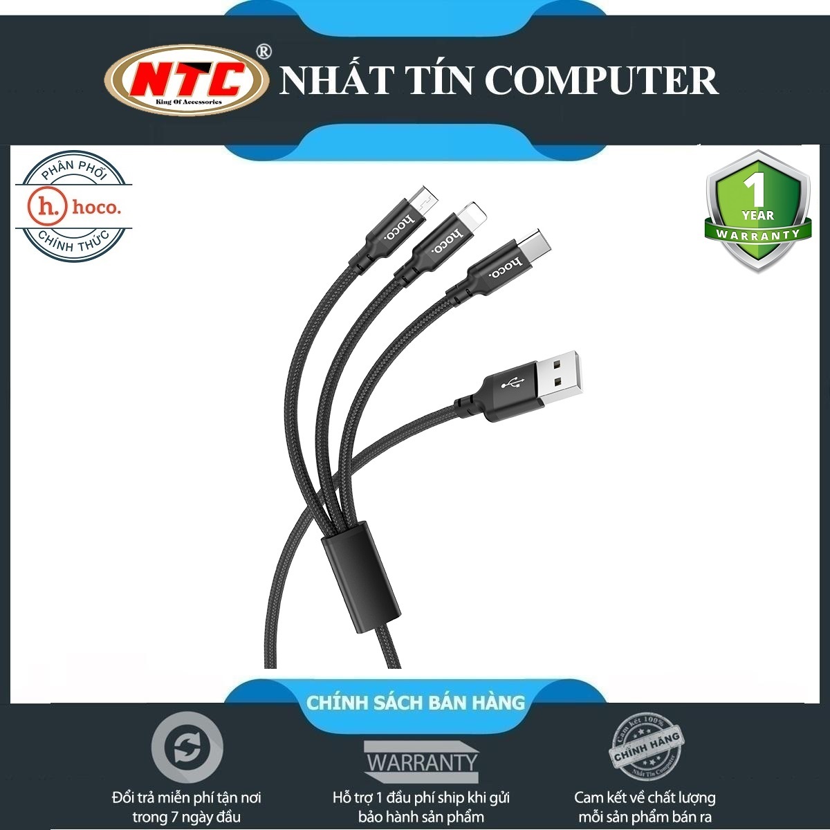 Cáp sạc đa năng 3in1 Hoco X14 cổng microUSB / Lightning / Type-C dài 1M, max 2.4A - Hãng phân phối chính thức