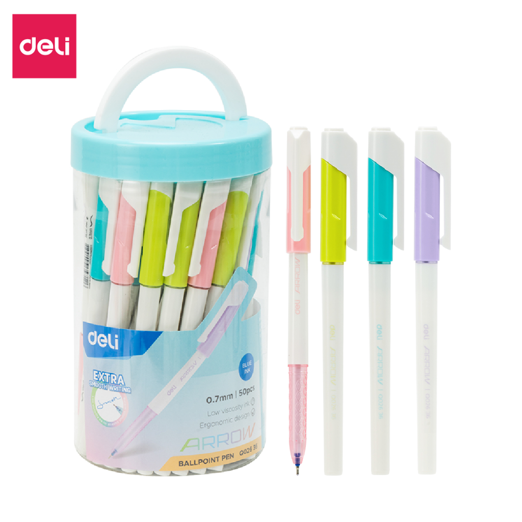 Hộp 50 bút bi mực xanh pastel ngòi 0.7 mm deli - viết trơn, mực đều - bút bi bấm bút gel nước - eq03236/eq03336/eq02836