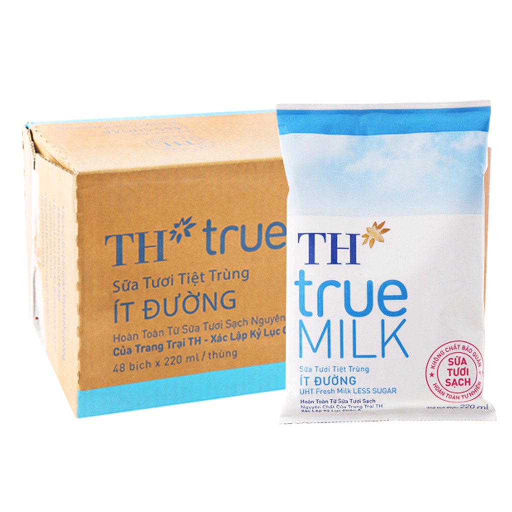 Sữa tươi TH True Milk 220 mlx48 bịch ( Có Đường / Ít Đường / Nguyên Chất )