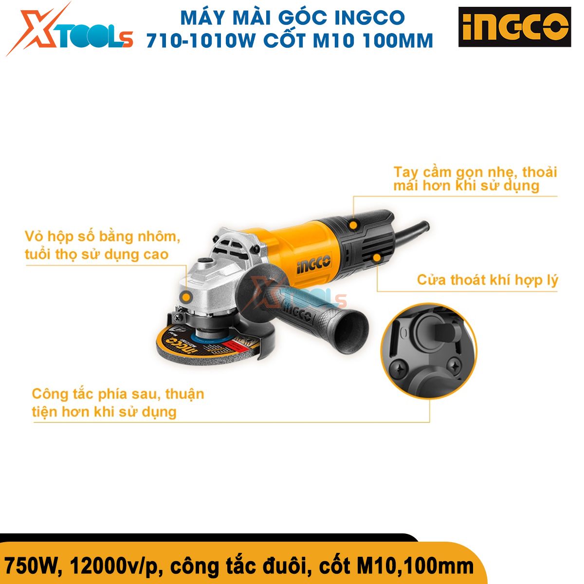 Ingco 710-1010W portable angle grinder M10 universal hand cutter 100mm cutting disc with auxiliary handle copper wire motor