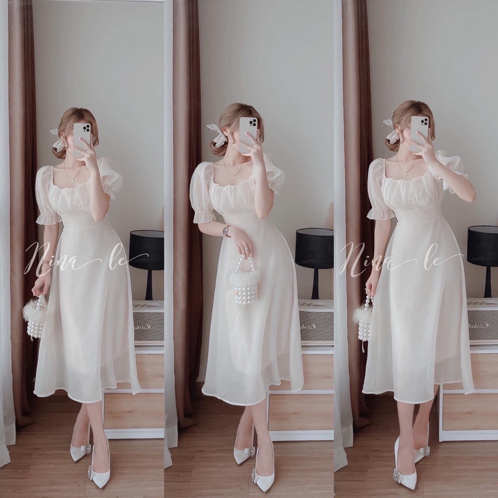 ĐẦM XÒE TRẮNG XẾP LY NGỰC CỘT NƠ EO DD040