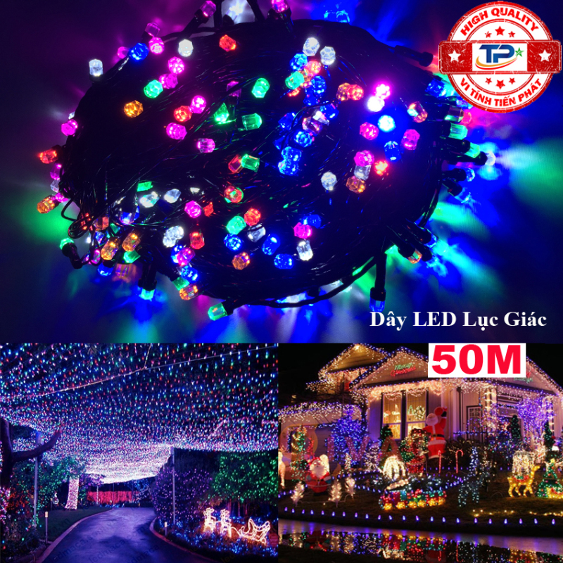Dây đèn Led Lục Giác dài 50m nhấp nháy nhiều màu dùng trang trí Sân Vườn, Gia Đình, Quán, Noel, ... Chúc Mừng Năm Mới quà Tết 2021
