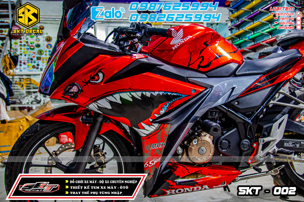 tem trùm xe cbr đỏ đen cá mập