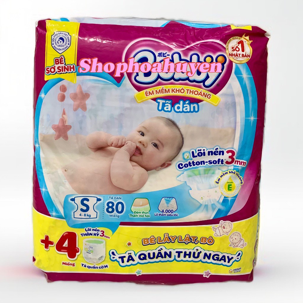 Tã dán sơ sinh bobby bĩm dán bobby size 4-8kg s80/ 54/ 29miếng tặng kèm 6 miếng
