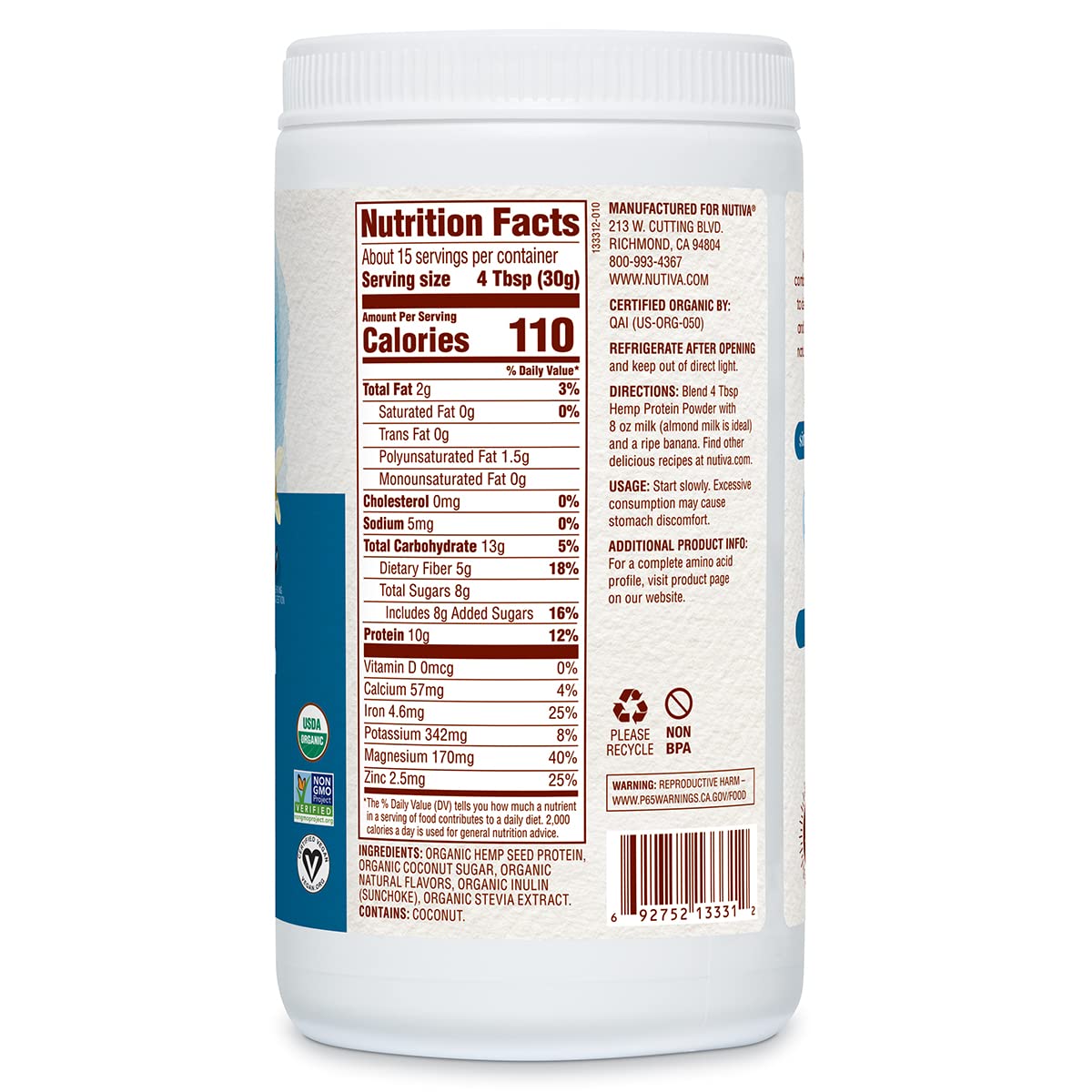 Nutiva Organic Cold-Pressed Hem.p Seed Protein Powder, 1 Pound