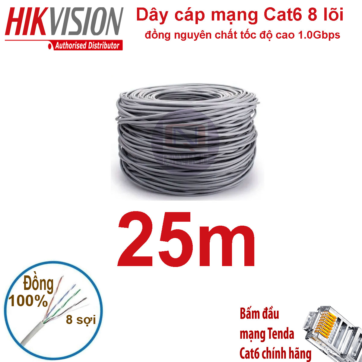 10m đến 50m Dây cáp mạng Hikvision 8 lõi đồng nguyên chất tốc độ cao 1.0Gbps bấm sẵn 2 đầu