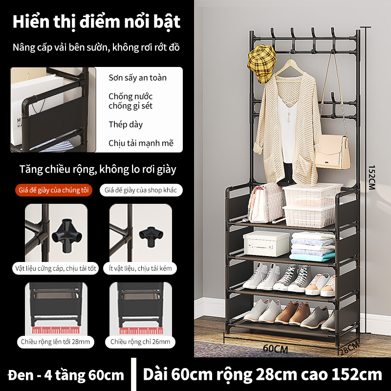 Kệ để giày dép chữ L , thiết kế treo đồ đa năng lắp ghép 4 tầng tặng kèm 8 móc treo, chất liệu thép chịu lực tốt,không gỉ cho thời gian sử dụng lâu bền,Chống nước, không bong sơn