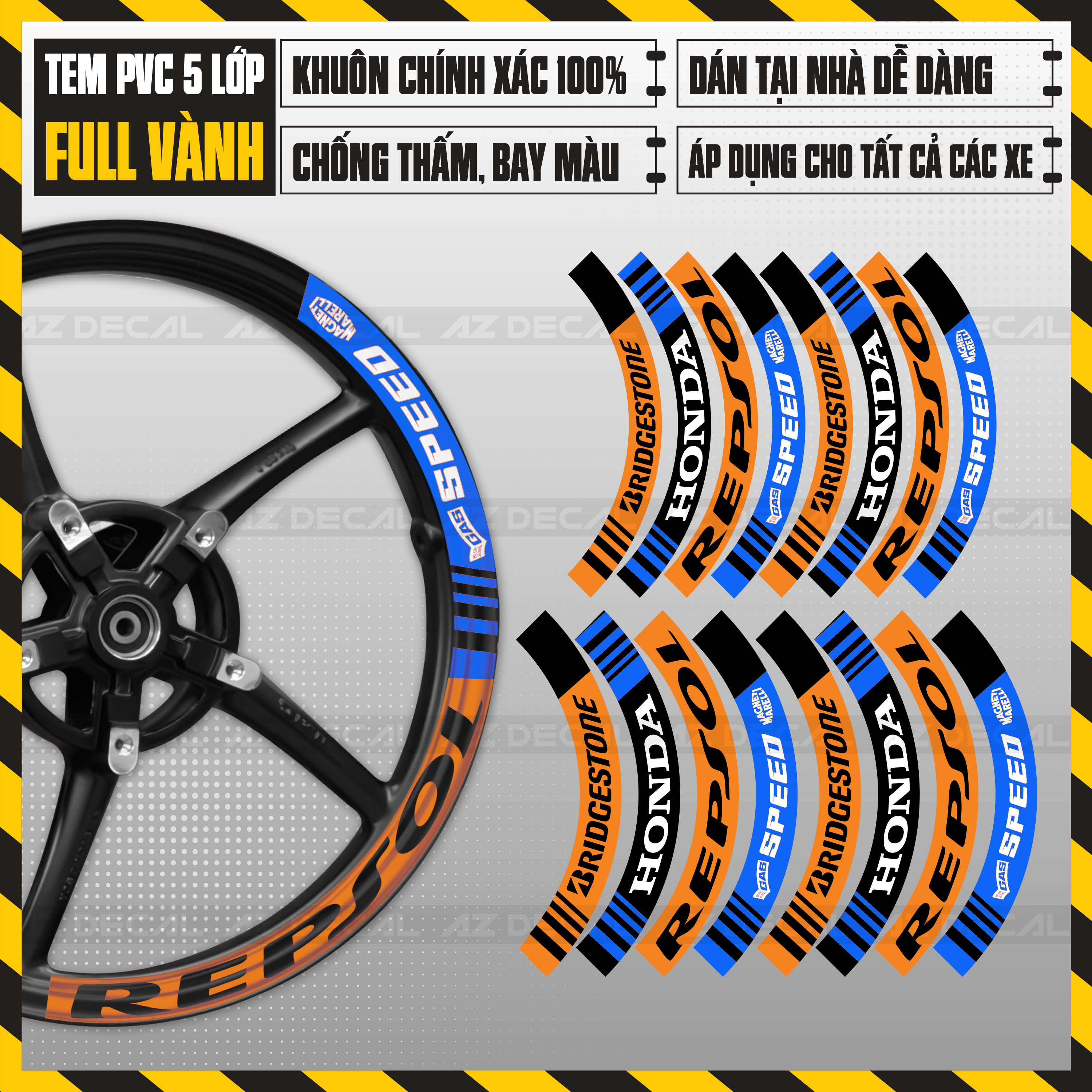 Tem Dán Vành Xe Máy Bản To Full 2 Bánh 16 Miếng Mẫu Repsol | FullV03 | Chất Liệu Decal PVC Chống Nước, Chống Bay Màu - Azdecal