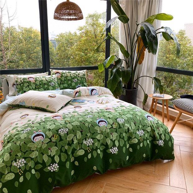 Trọn Bộ 4 Món Cotton Poly Nhập Mẫu BÉ GÁI ĐỒNG XANH Dễ Thương Cho Bé Gái