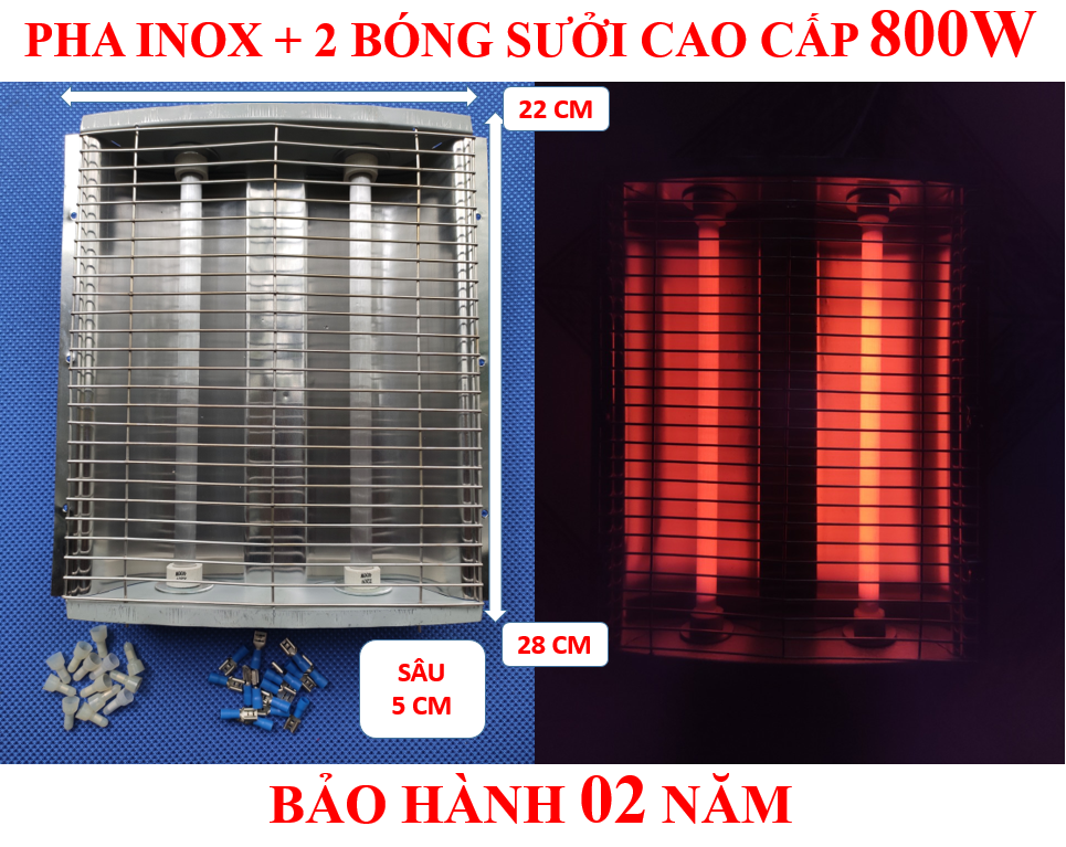 Pha inox + 02 bóng sưởi cao cấp 800W + BH 2 năm + ( bộ 01 sản phẩm ) kích thước D 28cm x R 22cm x C 5cm