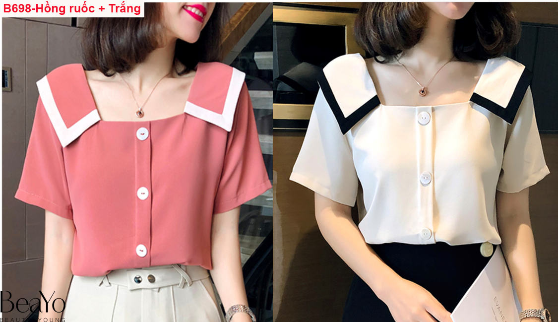 B698- ÁO SƠ MI ĐŨI CÔ BẺ VIỀN TRẮNG