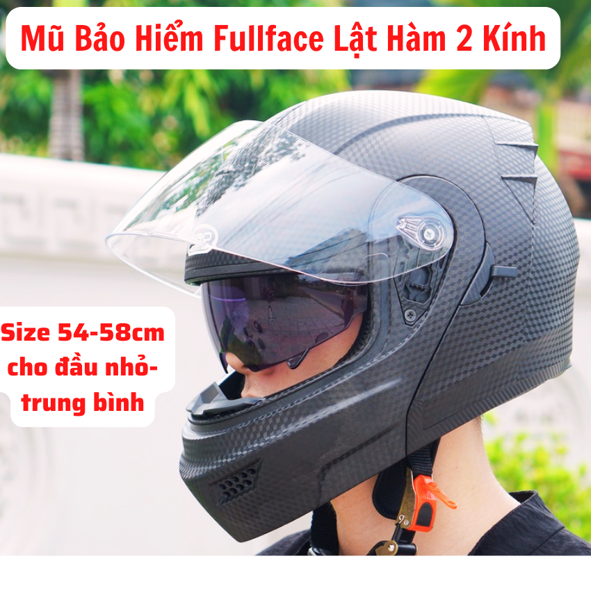 Mũ bảo hiểm fullface lật hàm 2 kính vân carbon size 54cm