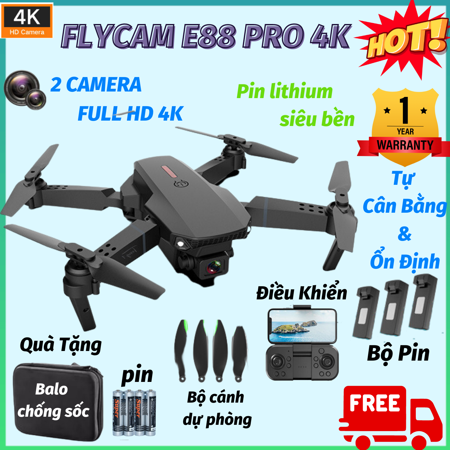 Flycame Có Camera Giá Rẻ E88 Pro, Flaycam Điều Khiền Từ Xa 4 Cánh