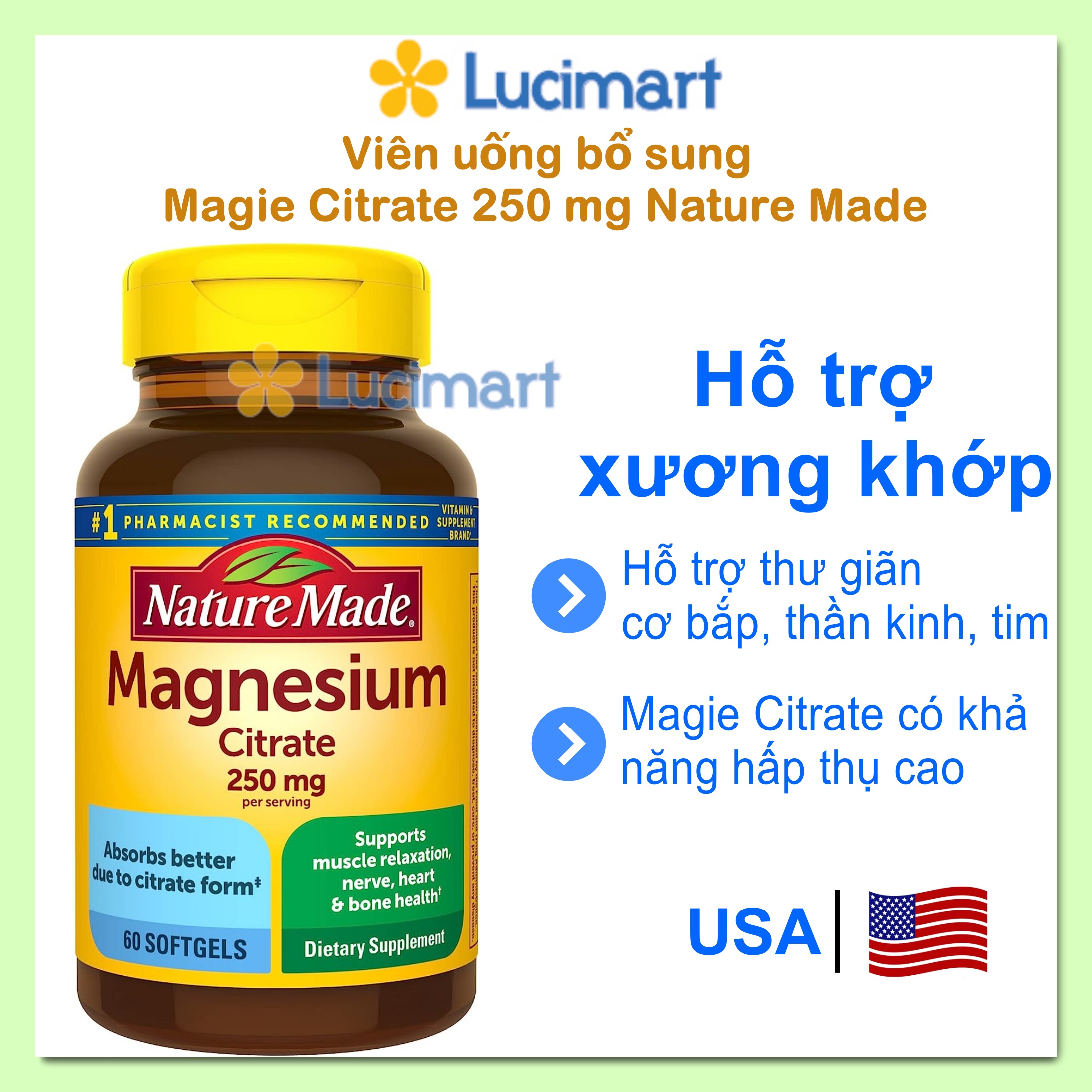 Viên uống bổ sung Magie Citrate 250 mg Nature Made Magnesium Hàng Mỹ