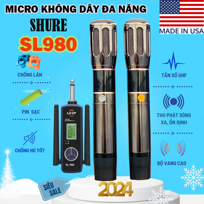 ( HÀNG MỸ 2024 ) Micro Không Dây Đa Năng SHURE SL980 CHÍNH HÃNG - Micro Chất Liệu Kim Loại - Sóng UHF Cực Xa .Với Chất Âm Nhẹ, Siêu Sáng, Thu Và Lọc Âm Tốt , Khả Năng Bắt Mic Vô Cùng Tốt .Hợp Chế Độ Chống Hú,Chống Nhiễu, Sét Tần Số Trên Mic , BH 12 Tháng