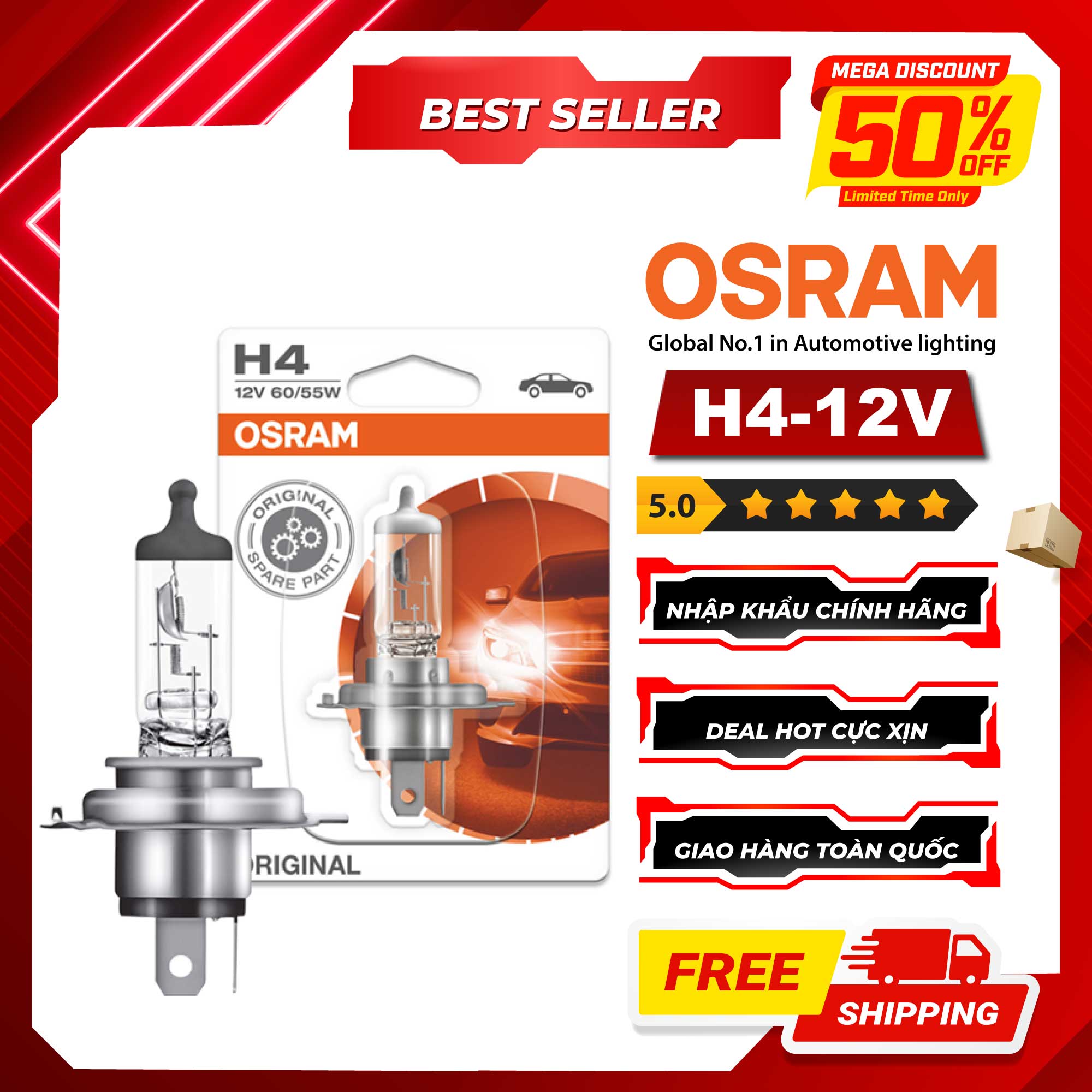 Bóng đèn halogen osram original h4 12v 60/55w - nhập khẩu chính hãng