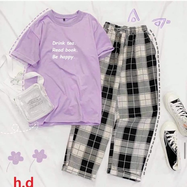 Sét áo drink tea chữ trắng + quần kẻ đen HĐ12 - MIMOSA