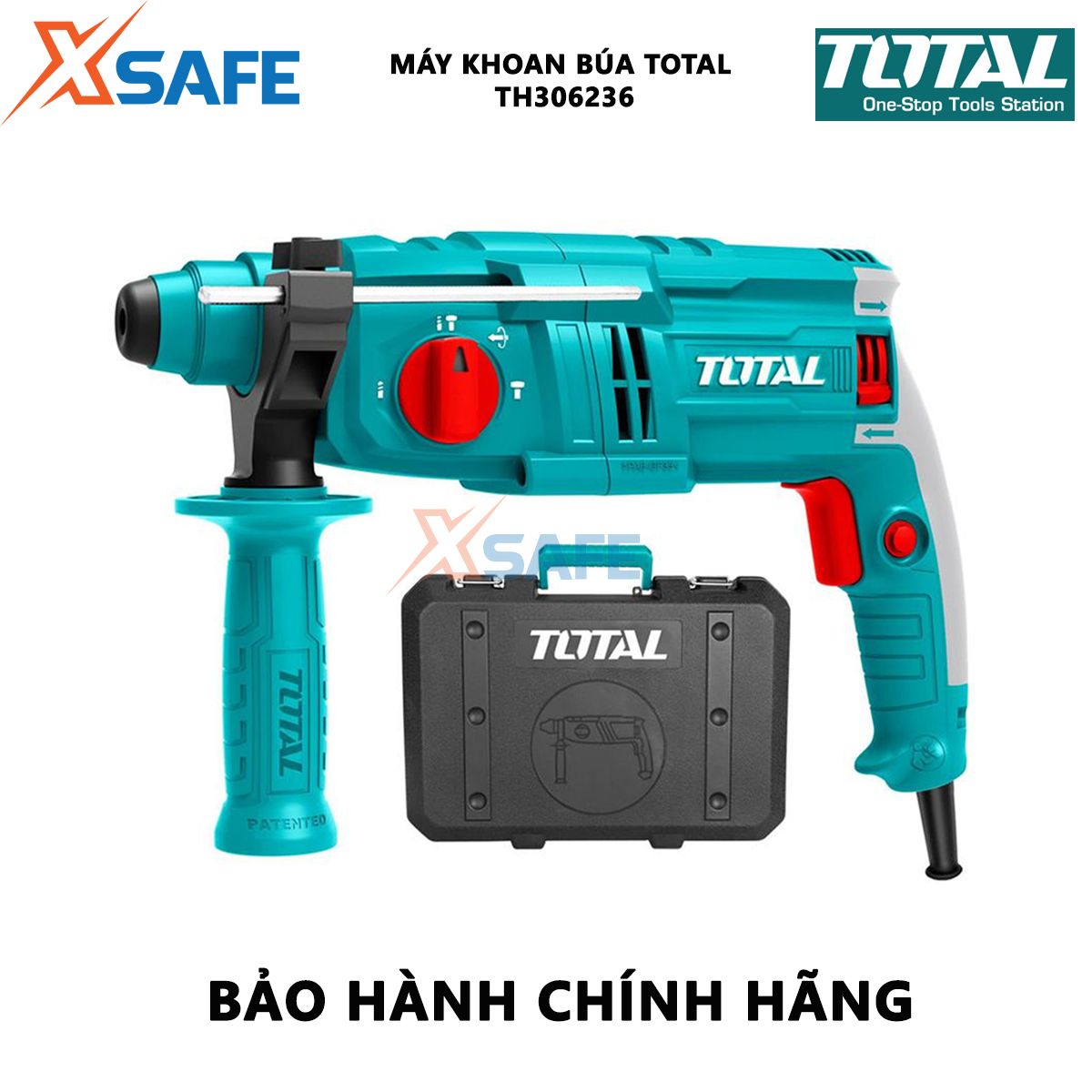 Máy khoan búa cầm tay 3 chức năng 650w TOTAL TH306236 đầu gài sds plus, tốc độ 1700v/p, tốc độ búa 5500bpm. Lực búa 1.7j, khả năng khoan bê tông 22mm, thép 10mm, gỗ 25mm, kèm 3 mũi khoan Máy khoan đục bê tông