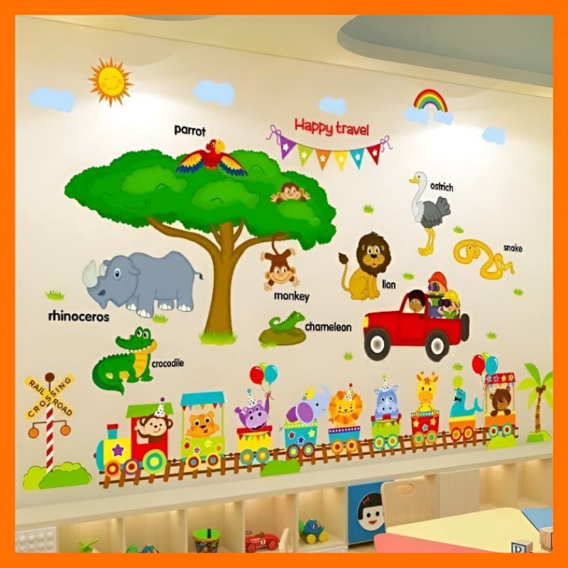 Decal dán tường thú tiếng anh và đoàn tàu( tranh ghép)
