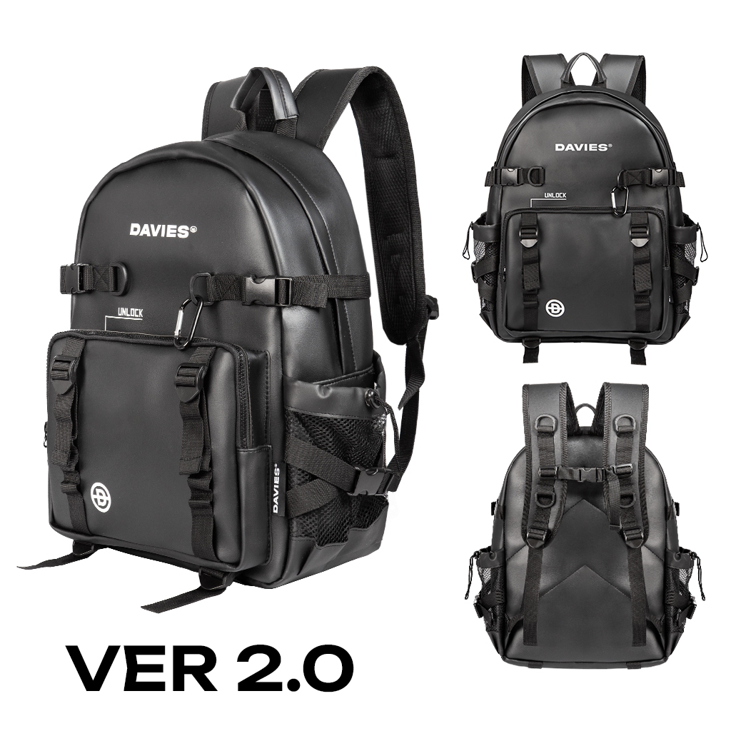 Balo đi học da nam nữ màu đen local brand Davies Leather Tactical Backpack| D-P42-DA