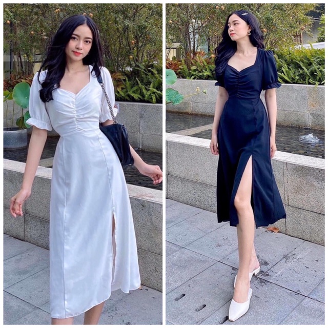 Đầm nhúng ngực xẻ tà 2 màu
