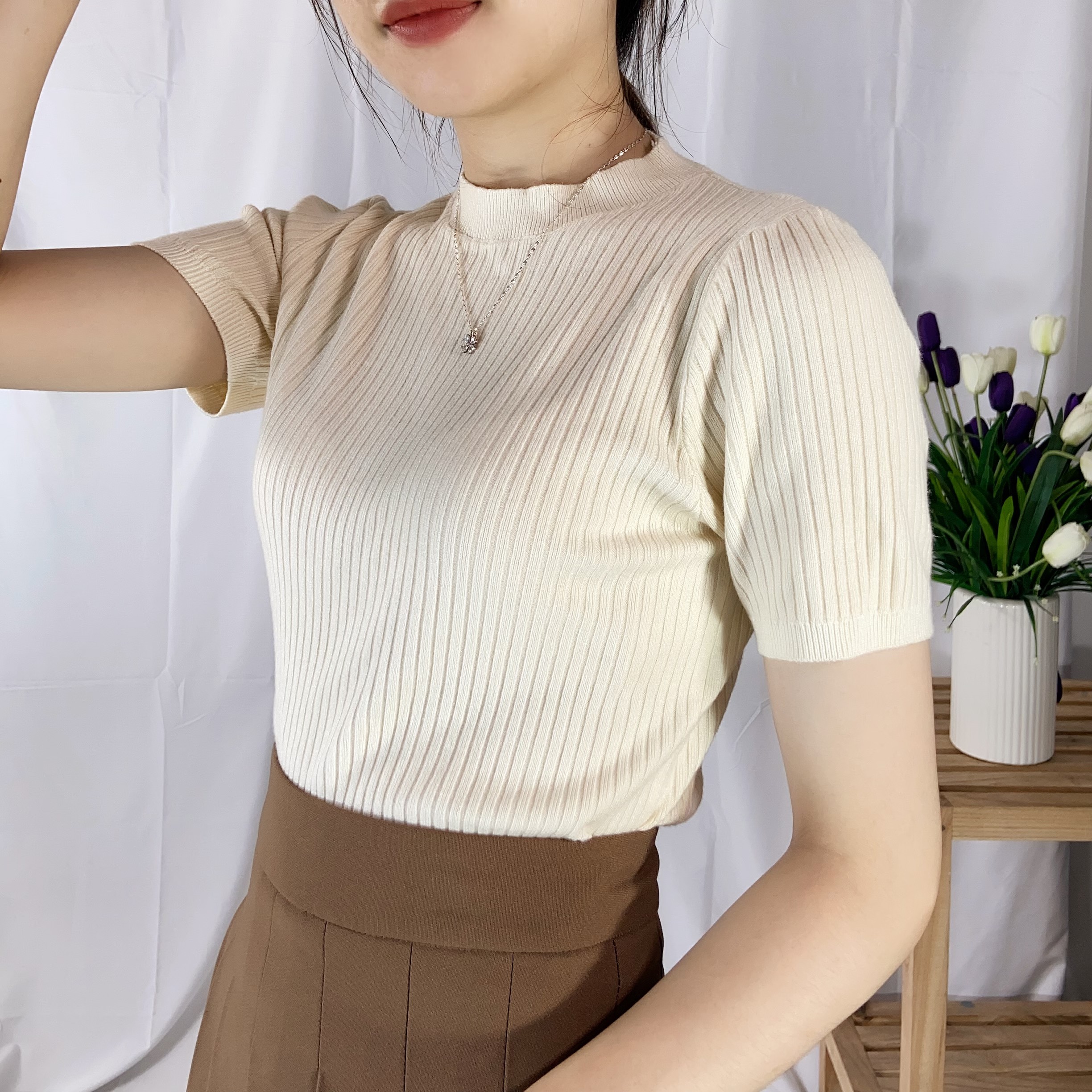 Áo len cộc tay trơn basic - bảng màu pastel - 247StoreFashion