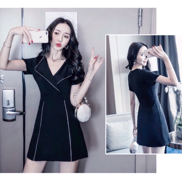 Đầm sơ mi đen viền trắng