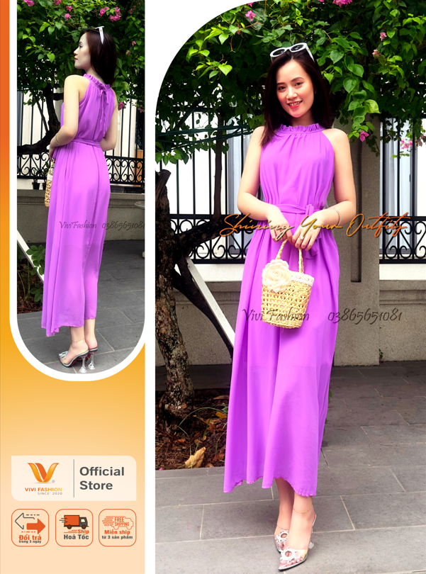 Đầm maxi tím lụa chiffon cao cấp đi biển, đầm maxi tím thắt eo