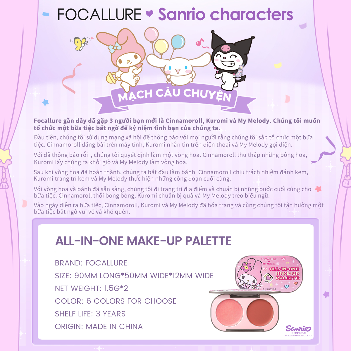 [FOCALLURE x Sanrio] Bảng Phấn Má Hồng 2 Màu Mịn Màng Bơ