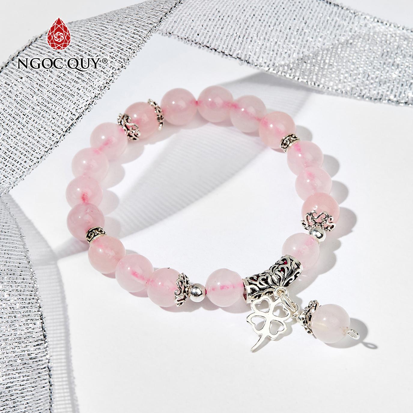 Vòng Tay đá thạch anh hồng Phối Charm Cỏ 4 Lá Mệnh Hoả Thổ 8mm - Ngọc Quý Gemstones