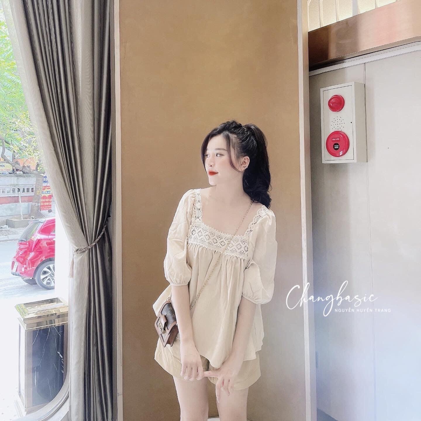 Sét bộ đũi phối ren, Set áo sơ mi phối ren mix quần sooc đũi AD57