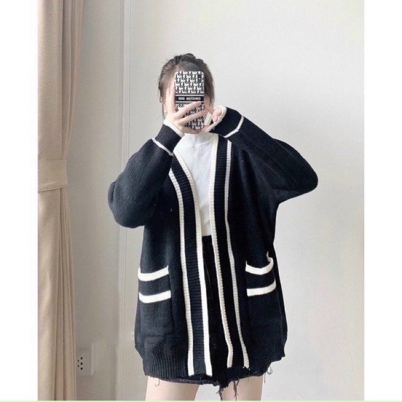 Áo khoác cardigan len dày phối viền Quảng châu