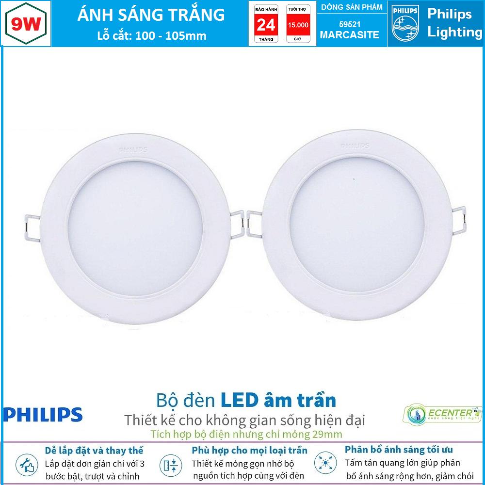 ( Bộ 2 ) Đèn Led Âm trần 9W Philips Downlight 59521 MARCASITE D100 ( Ánh Sáng Trắng & Trung Tính & Vàng )