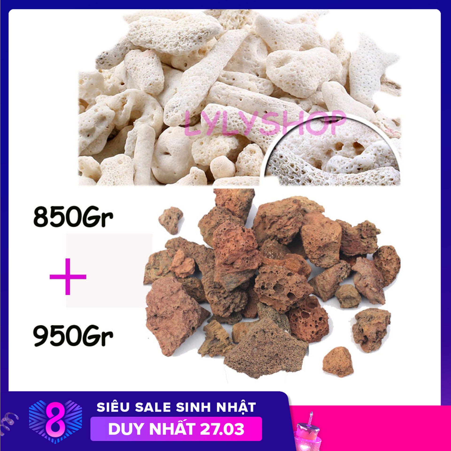 Combo ĐÁ NHAM THẠCH (950GR) + SAN HÔ VỤN (850GR) vật liệu lọc, trang trí bể cá