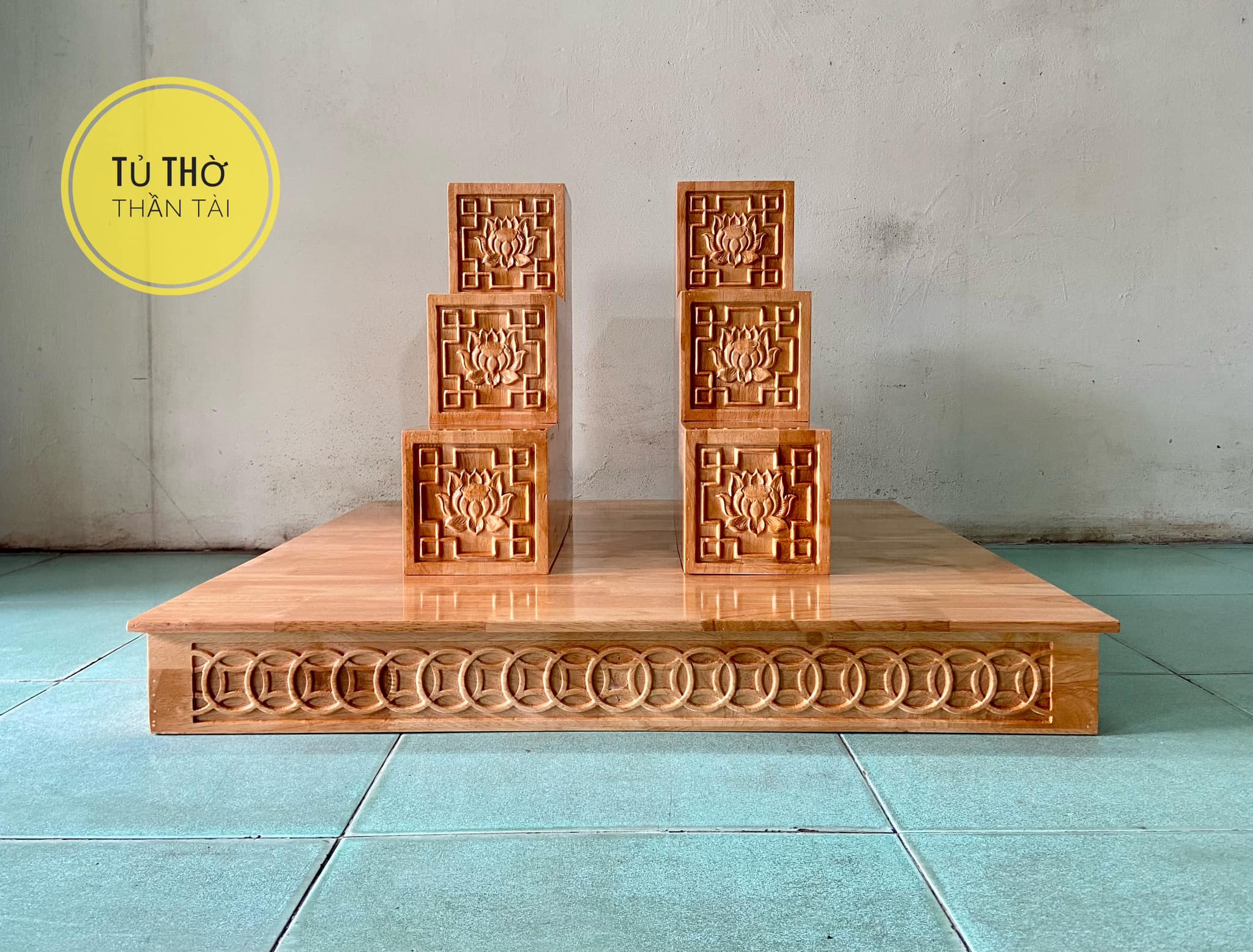 Bục tam cấp bàn thờ thần tài khắc Hoa Sen ( Hàng loại 1 100% Gỗ )