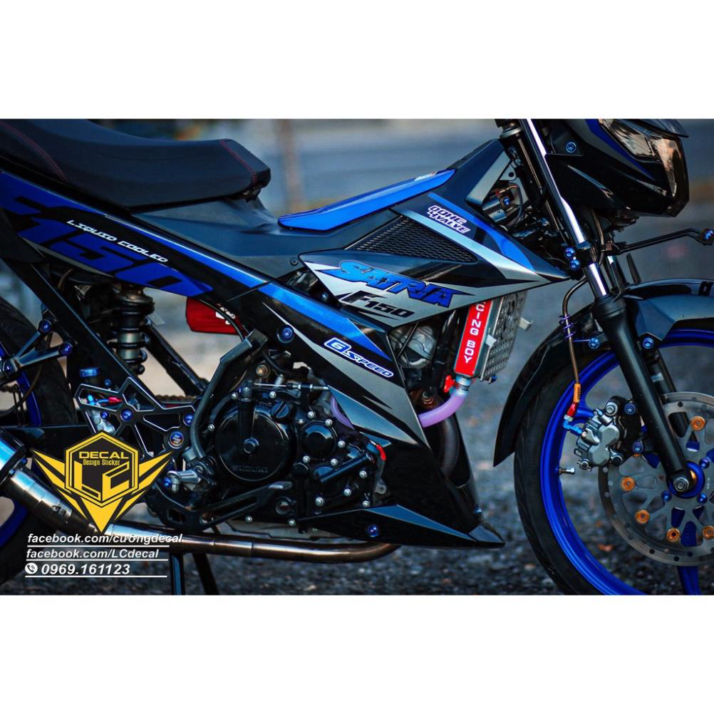 Tem rời Satria F150 xanh xám dán xe đen