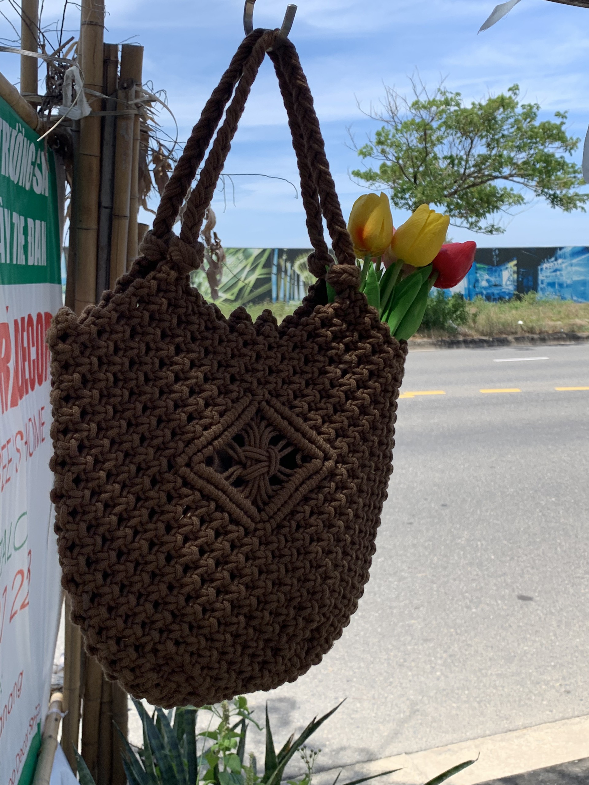 Túi Macrame đeo vai siêu xinh - Phong cách Boho, Vintage Đan Hoa Văn Tinh Tế Ngang: 32 cm * Rộng 32 cm, Dài quai: 23 cm