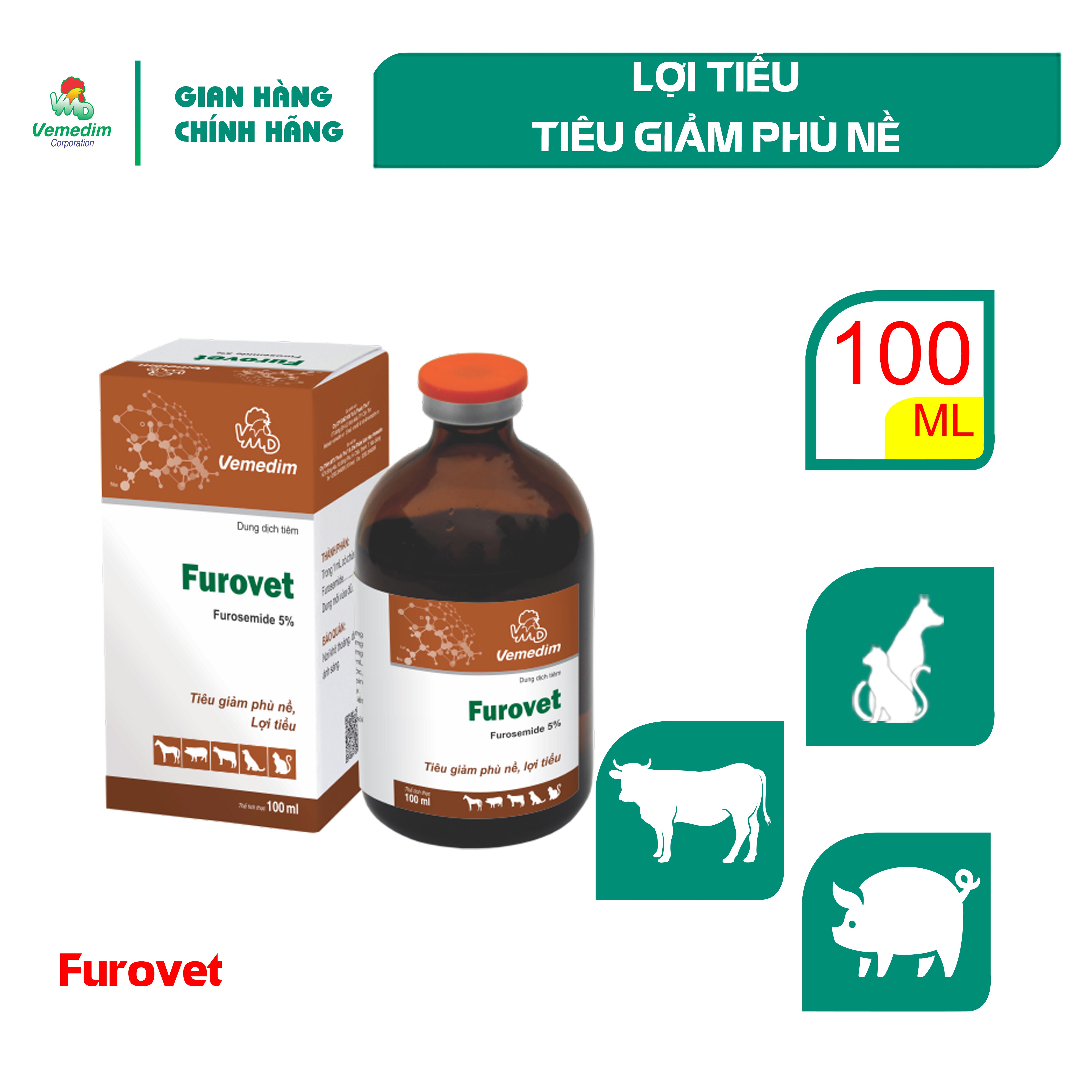 "Hoàn tiền đến 10%" Vemedim Furovet dùng cho chó, mèo và gia súc giảm phù nề, lợi tiểu, chai tiêm 100ml