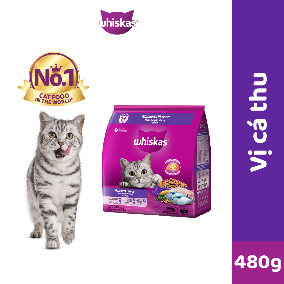 [Quà tặng không bán] Thức ăn mèo Whiskas vị cá thu túi 480g