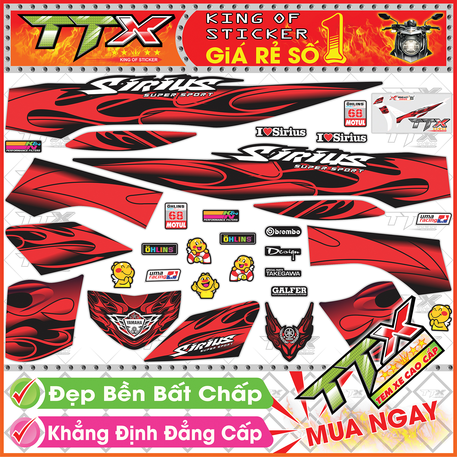 Tem Xe Sirius Đen Đỏ Lửa Siêu Đẹp - Tem Sirius Lửa Đỏ Đen Hót - Mẫu Team Sirius Đen Đỏ