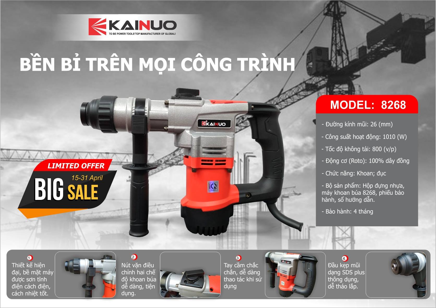 MÁY KHOAN ĐÁ CẦM TAY KAINUO 8268