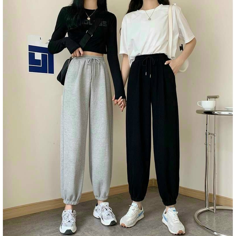 Quần jogger trơn vải thun da cá, quần bom ống rộng nữ dáng jogger nỉ thun trơn