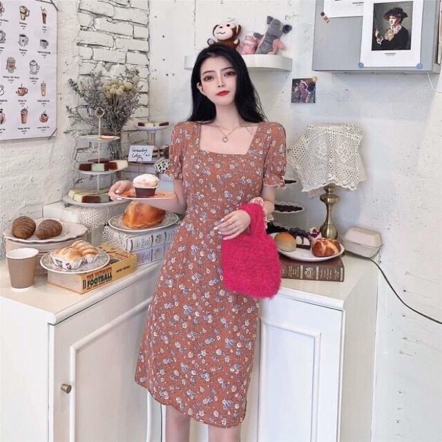 Váy hoa nhí cổ vuông tay bèo