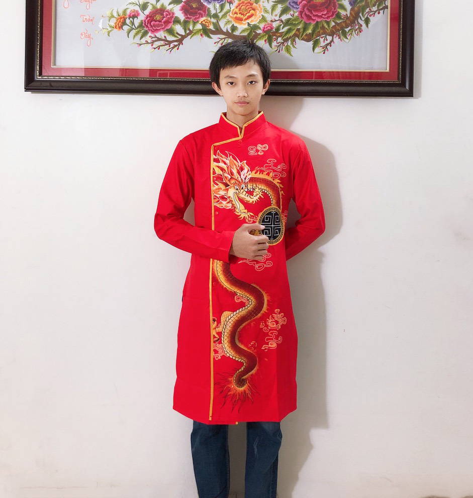 ÁO DÀI CÁCH TÂN NAM ĐÓNG KHUY IN HỌA TIẾT RỒNG, ÁO DÀI NAM